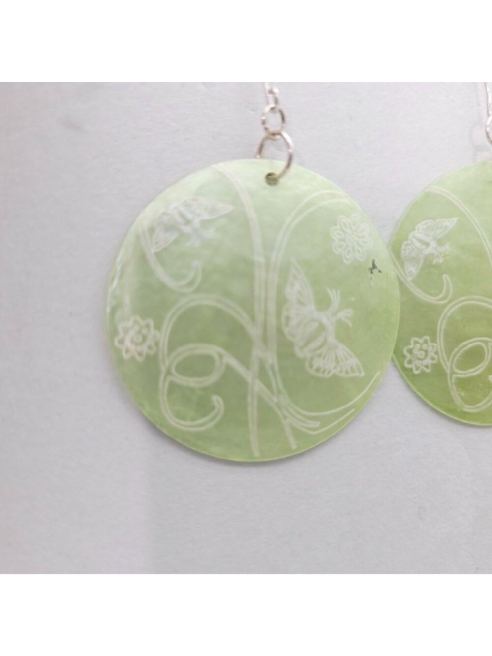 Round Green Shell Earrings With Butterfly & Floral Engraving Design 2.5" - Picture 4 of 6
